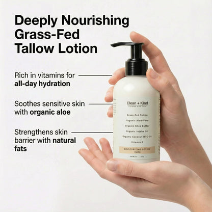 Clean + Kind Daily Moisturizing Lotion – Tallow Body Lotion with Aloe, Shea, Jojoba, MCT Oil & Vitamin E (8 oz, Vanilla)