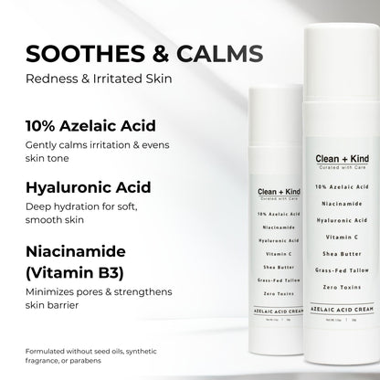 Clean + Kind Azelaic Acid 10% Cream – Niacinamide, Vitamin C & Hyaluronic Acid