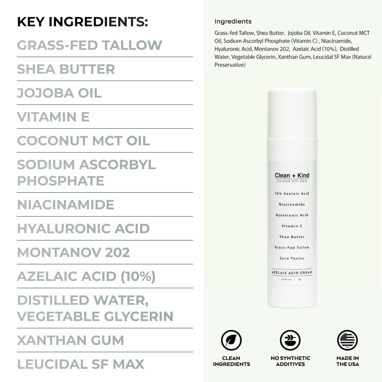 Clean + Kind Azelaic Acid 10% Cream – Niacinamide, Vitamin C & Hyaluronic Acid
