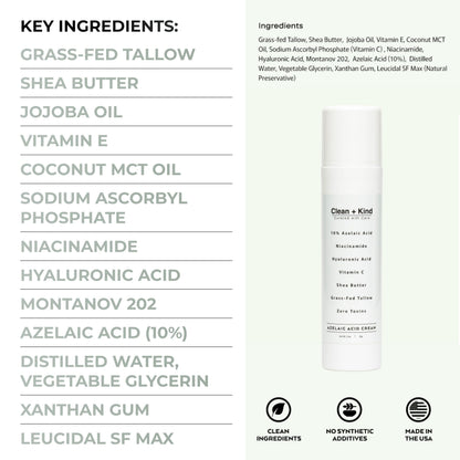 Clean + Kind Azelaic Acid 10% Cream – Niacinamide, Vitamin C & Hyaluronic Acid