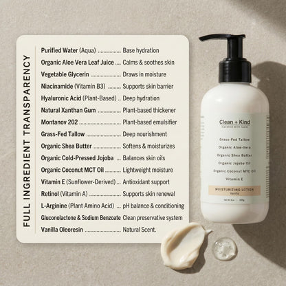 Clean + Kind Daily Moisturizing Lotion – Tallow Body Lotion with Aloe, Shea, Jojoba, MCT Oil & Vitamin E (8 oz, Vanilla)