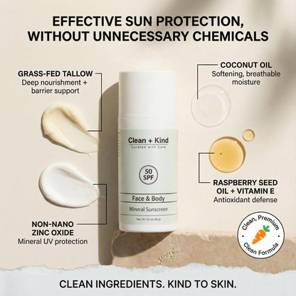 Clean + Kind Tallow Sunscreen SPF 50 – Mineral Zinc Oxide (3.4 oz)