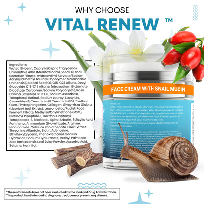 Vital Renew Snail Mucin Collagen Cream by Clean Nutraceuticals – Daily Moisturizer with Retinol, Niacinamide & Hyaluronic Acid