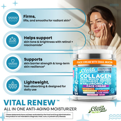 Vital Renew Snail Mucin Collagen Cream by Clean Nutraceuticals – Daily Moisturizer with Retinol, Niacinamide & Hyaluronic Acid