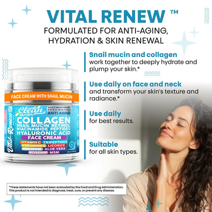 Vital Renew Snail Mucin Collagen Cream by Clean Nutraceuticals – Daily Moisturizer with Retinol, Niacinamide & Hyaluronic Acid