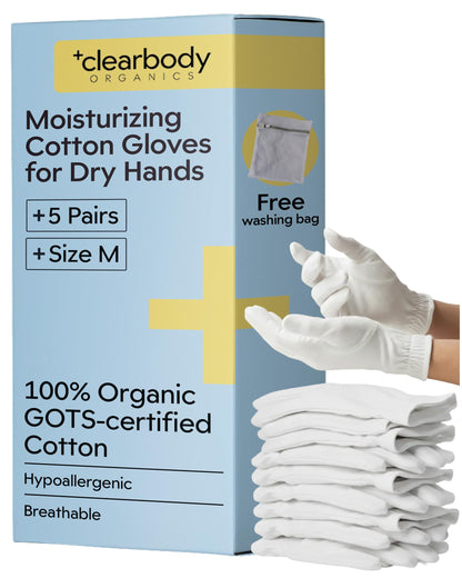Clearbody Organics 100% Organic Cotton Gloves – 5 Pairs White Sleeping Mitts, Size M
