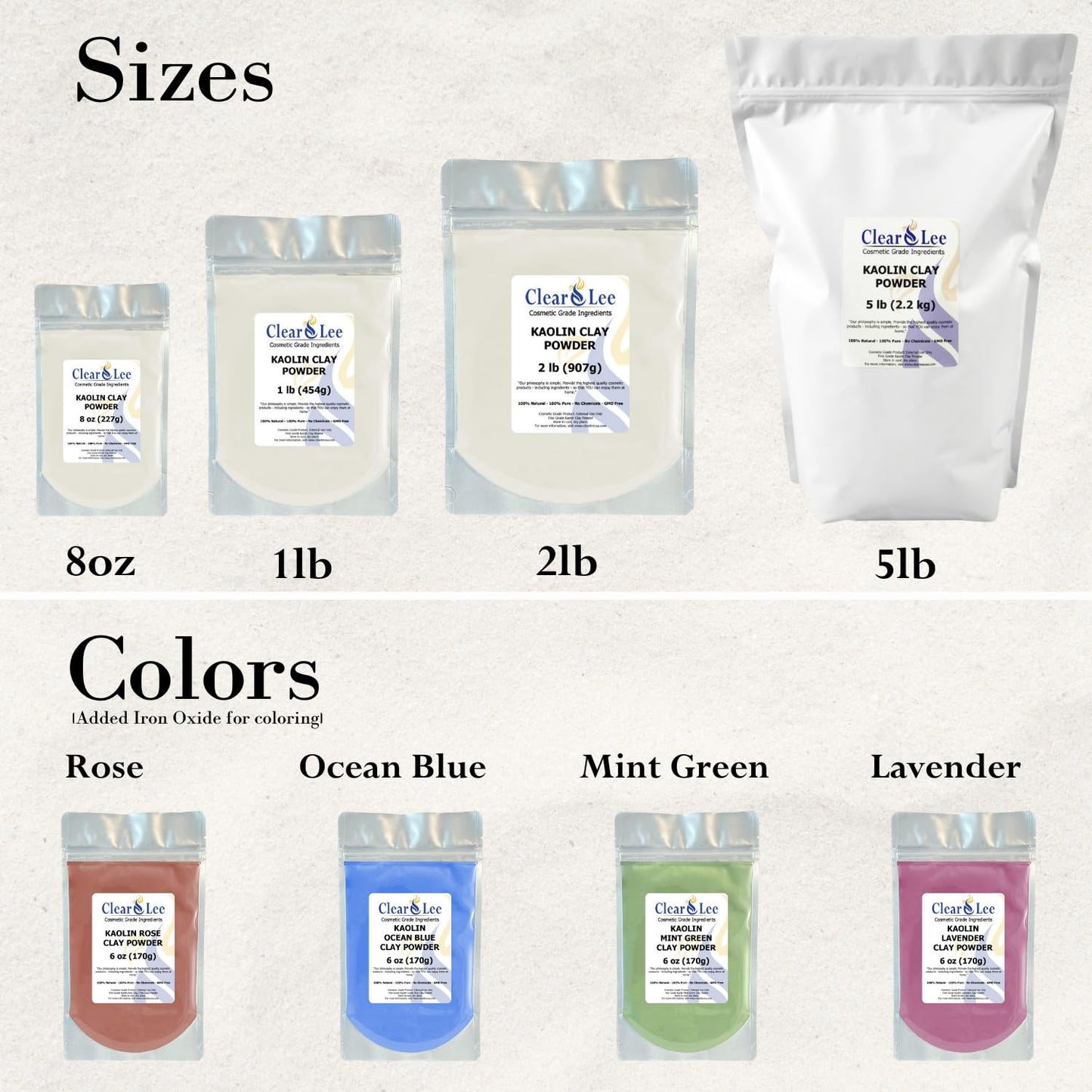 ClearLee Kaolin Clay Cosmetic Grade Powder – 100% Pure, Natural, 1 lb for Skin Detox & DIY Masks