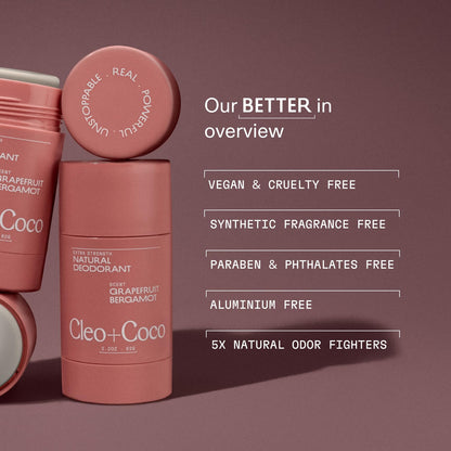 Cleo + Coco Extra Strength Deodorant Balm Grapefruit Bergamot 2-Pack, Aluminum-Free, Vegan