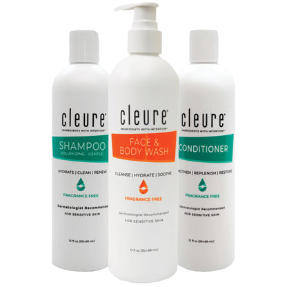 Cleure Fragrance Free 3-Piece Shower Set | Hypoallergenic Shampoo, Conditioner & Body Wash