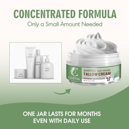 CLÉVIA 100% Grass-Fed Whipped Tallow Cream – Unscented 4 oz Face & Body Balm with Jojoba