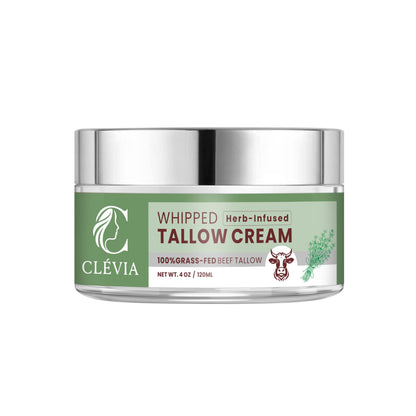 CLÉVIA 100% Grass-Fed Whipped Tallow Cream – Unscented 4 oz Face & Body Balm with Jojoba