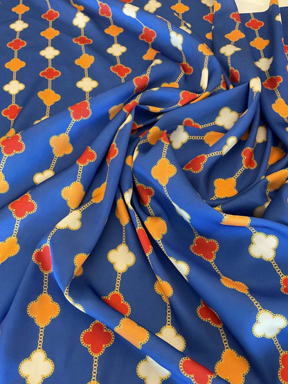 Navy Blue Clover Chain Pattern Fabric Sold by Metre