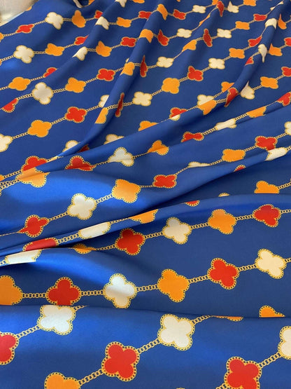Navy Blue Clover Chain Pattern Fabric Sold by Metre