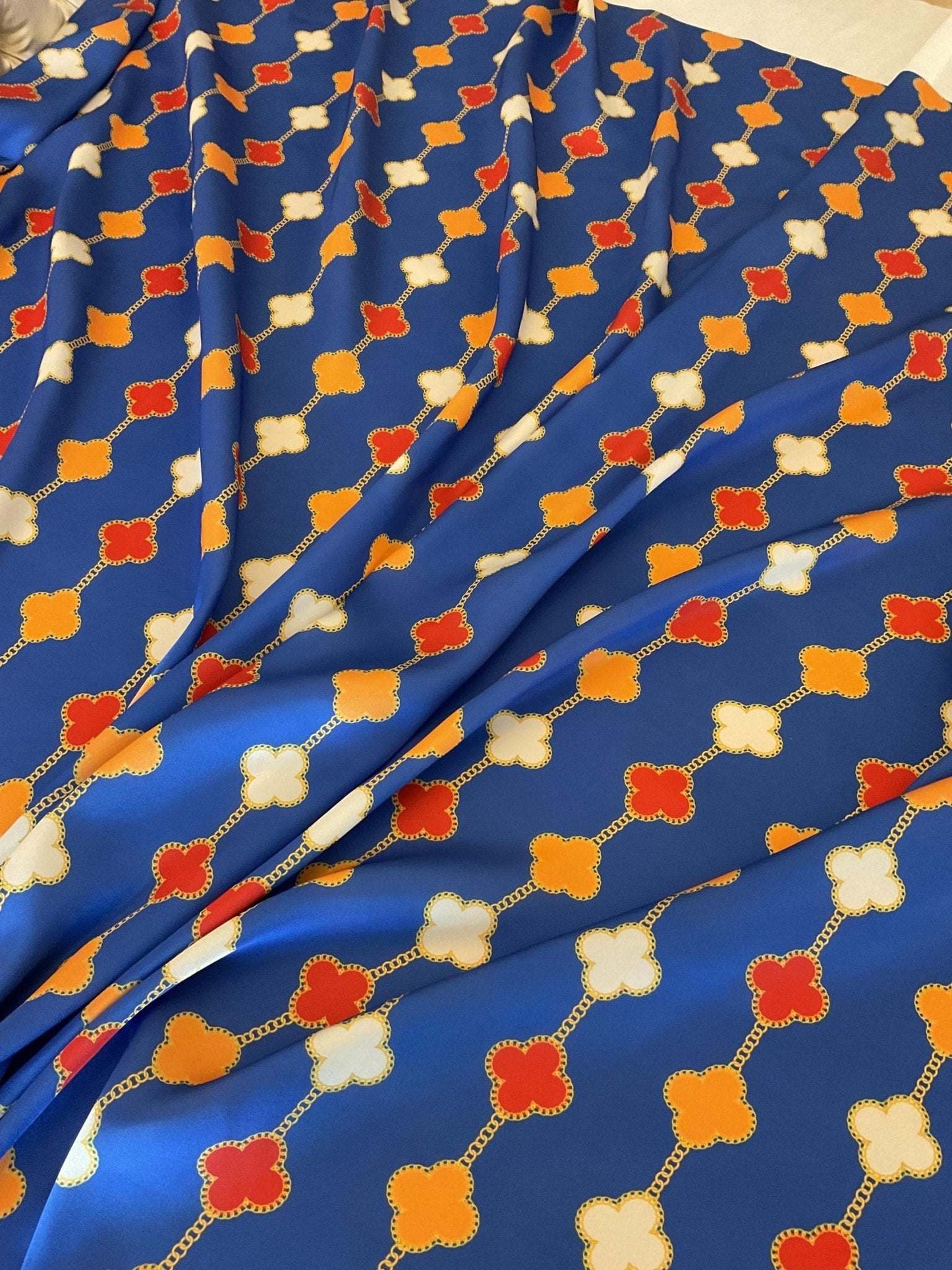 Navy Blue Clover Chain Pattern Fabric Sold by Metre