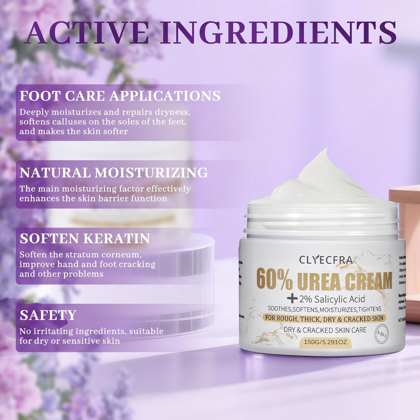 Clyecfra 5-in-1 60% Urea Cream with 2% Salicylic Acid – Maximum Strength Moisturizer for Feet & Hands (150g)