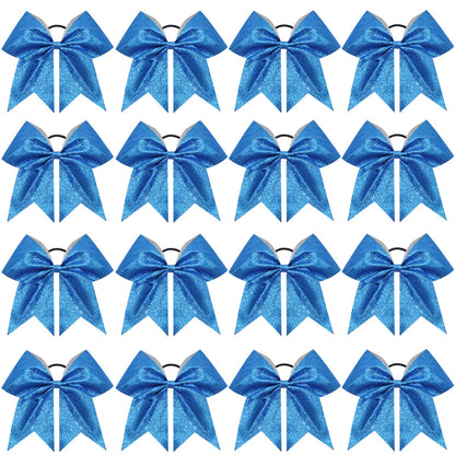 CN 16-Piece 8-Inch Glitter Cheer Bows – Large Blue Sparkly Hair Bows with Elastic Ties