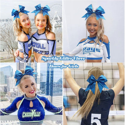 CN 16-Piece 8-Inch Glitter Cheer Bows – Large Blue Sparkly Hair Bows with Elastic Ties