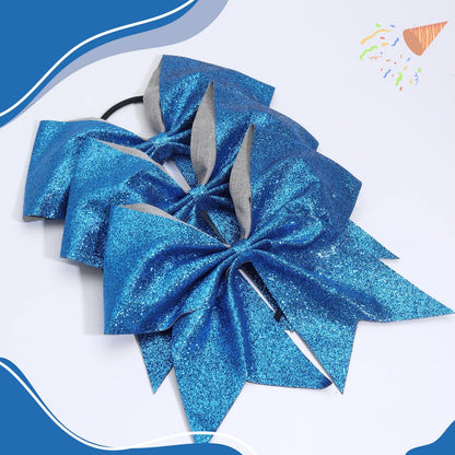 CN 16-Piece 8-Inch Glitter Cheer Bows – Large Blue Sparkly Hair Bows with Elastic Ties