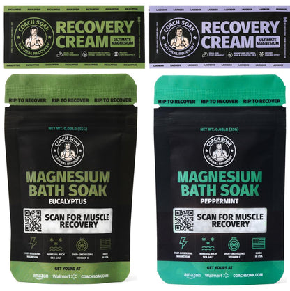Coach Soak Magnesium Bath Flakes Mint & Lotion Trial Pack – Post-Workout Recovery with Menthol Cream (4-Pack, Mixed Scents)