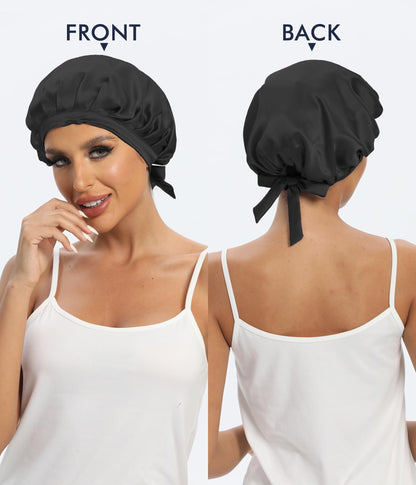 Cocheng 100% Mulberry Silk Bonnet - Double-Sided Sleep Cap with Adjustable Ribbon (19 Momme, Black)