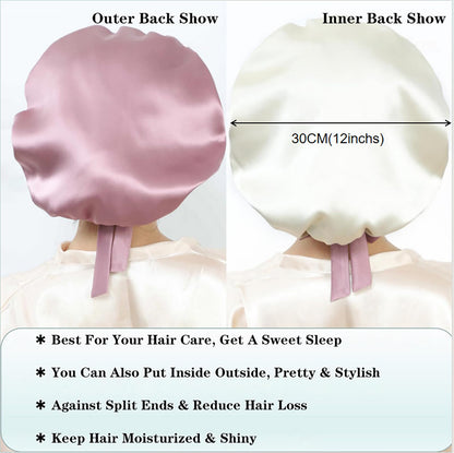Cocheng Mulberry Silk Bonnet - Double-Sided Sleep Cap with Adjustable Ribbon, 19 Momme, Bean Pink