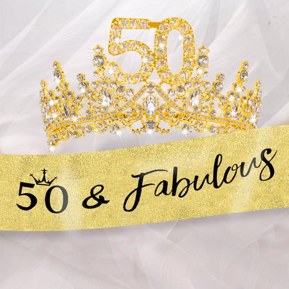 COCIDE 50th Birthday Sash, Crown & Decorations Set | Glitter Sash & Tiara for Women & Girls