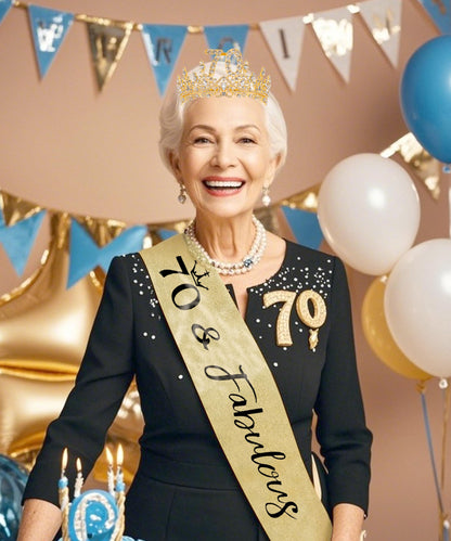 COCIDE 70th Birthday Sashes, Crowns & Decorations – Glitter Sash + Crystal Tiara Set