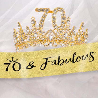 COCIDE 70th Birthday Sashes, Crowns & Decorations – Glitter Sash + Crystal Tiara Set