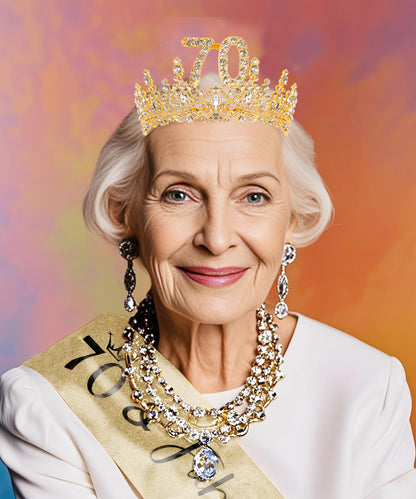 COCIDE 70th Birthday Sashes, Crowns & Decorations – Glitter Sash + Crystal Tiara Set