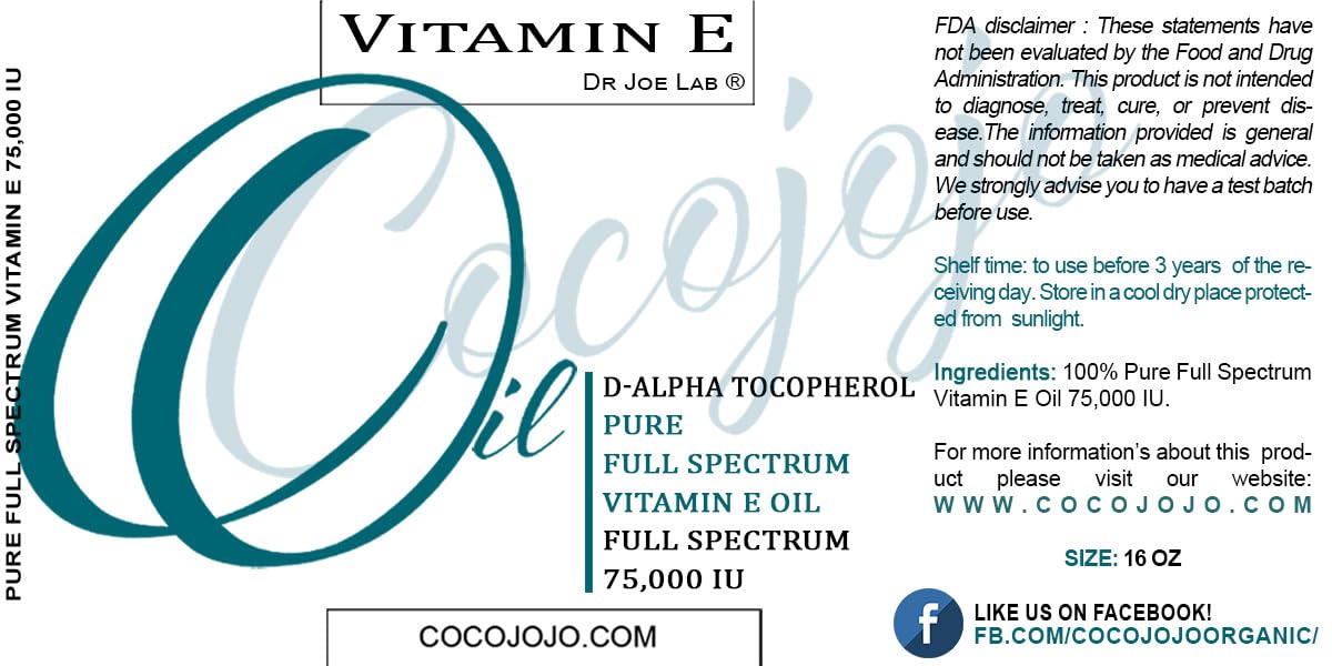 cocojojo Vitamin E Oil — Pure Full Spectrum D Alpha Tocopherol, 75,000 IU, 16 oz