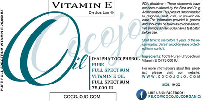 cocojojo Vitamin E Oil — Pure Full Spectrum D Alpha Tocopherol, 75,000 IU, 16 oz