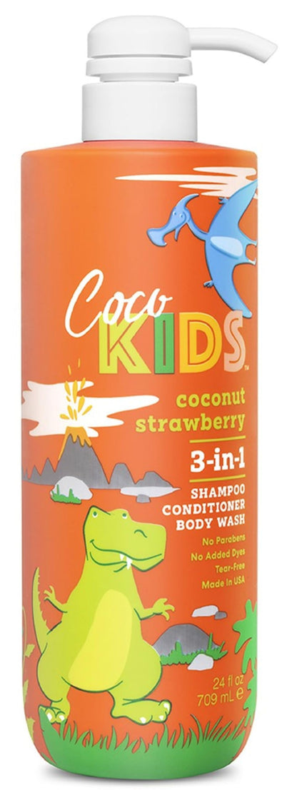 Cocomagic Cocokids 3-in-1 Kids Shampoo, Conditioner & Body Wash | Tear-Free, No Parabens | Made in USA, Coconut Strawberry, 24 fl oz