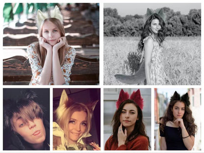 CoFoWo Cat Fox Wolf Ears Headband - Pure Black, Handmade Furry Ears