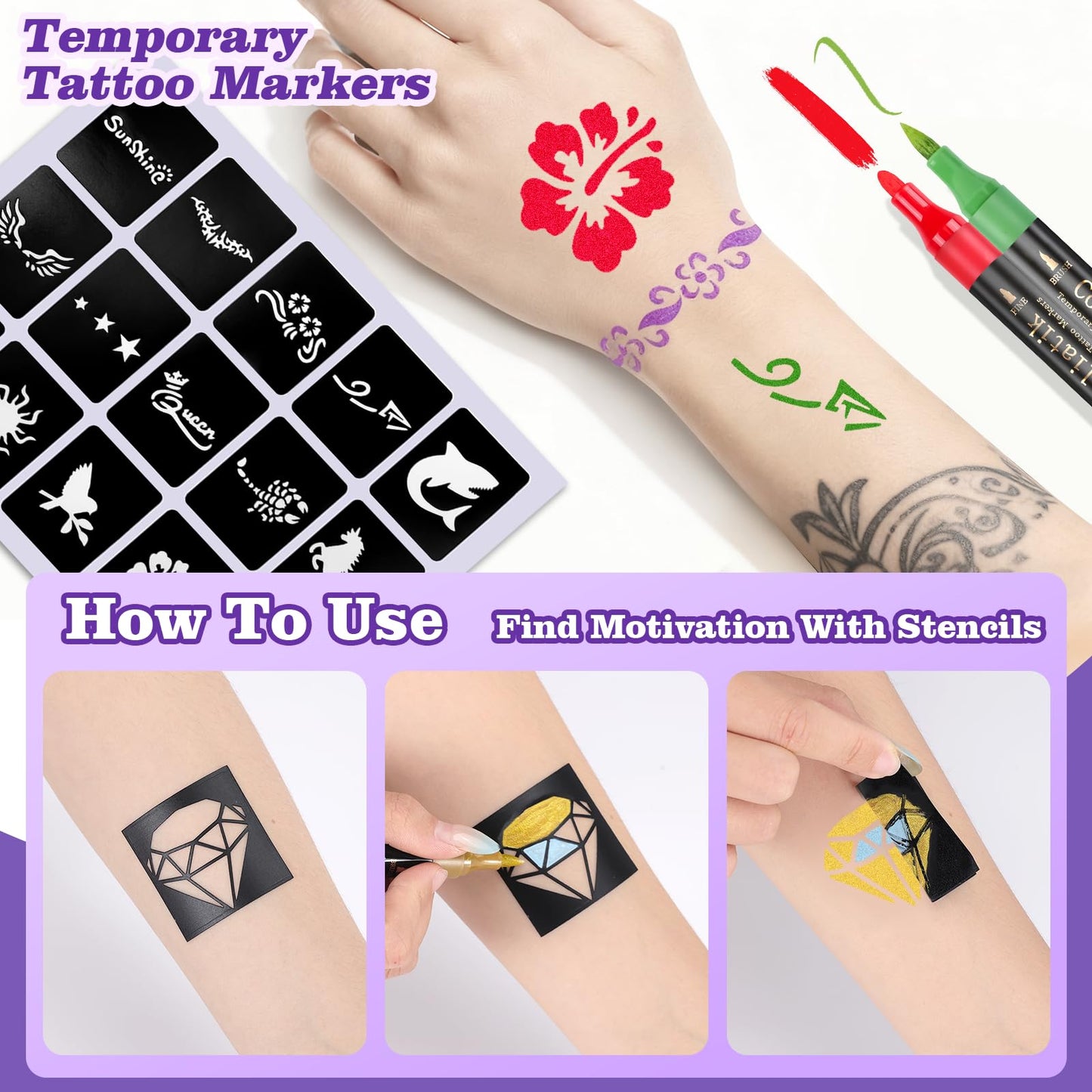 Coliatik Temporary Tattoo Markers Kit – 16 Colors + 80 Stencils (Skin-Safe, Washable)