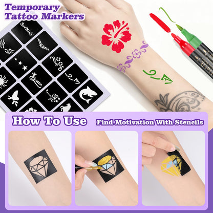 Coliatik Temporary Tattoo Markers Kit – 16 Colors + 80 Stencils (Skin-Safe, Washable)