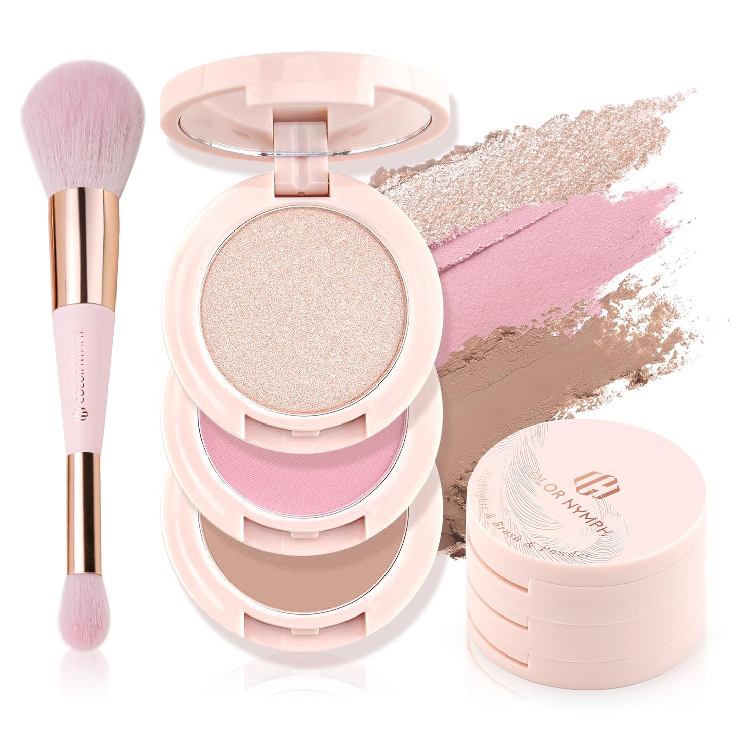 Color Nymph 3-Color Contour Blush Highlighter Palette – Pink | Travel-Size Makeup Kit