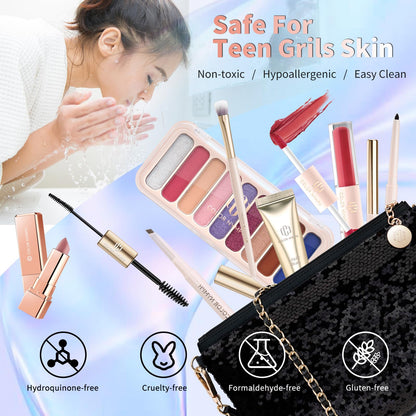 Color Nymph Teen Girls Makeup Kit — All-In-One 9-Color Eyeshadow Palette, Liquid Blush, Lip Glaze & Sequin Bag