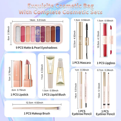 Color Nymph Teen Girls Makeup Kit — All-In-One 9-Color Eyeshadow Palette, Liquid Blush, Lip Glaze & Sequin Bag