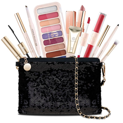 Color Nymph Teen Girls Makeup Kit — All-In-One 9-Color Eyeshadow Palette, Liquid Blush, Lip Glaze & Sequin Bag