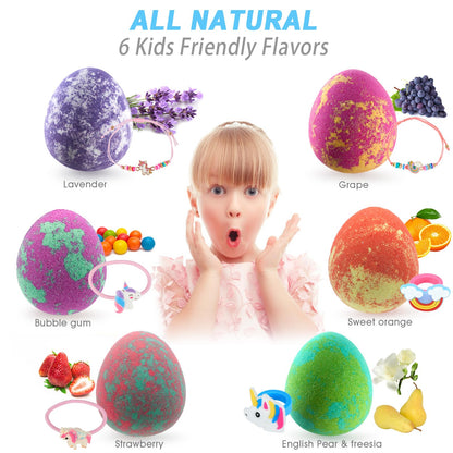 Comfso Dino Egg Bath Bombs for Kids – 6 Surprises & Unicorn Jewelry Gift Set