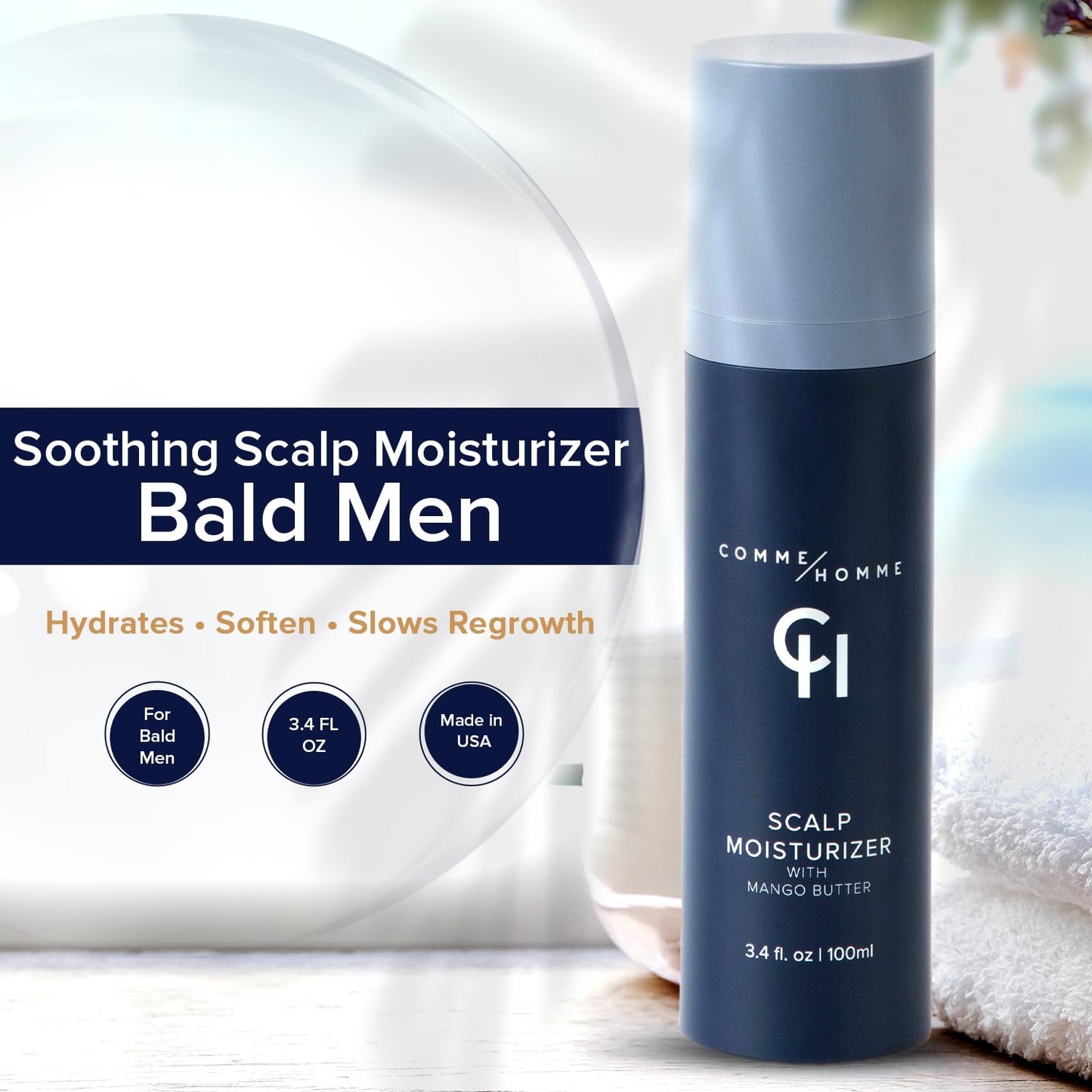 Comme Homme Soothing Scalp Moisturizer for Bald Men | Hydrates, Softens & Slows Regrowth with Aloe, Mango Butter & Capislow | Anti-Itch, Non-Greasy Daily Scalp Care | 3.4 fl oz / 100 ml