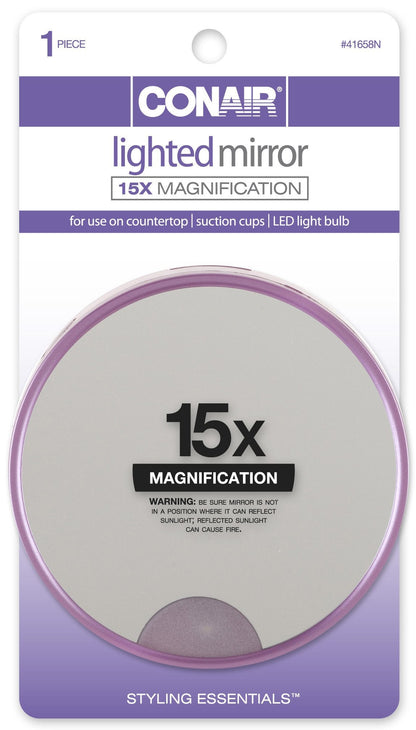 Conair 15x Lighted Suction Mirror – Pack of 2 (Colors May Vary)