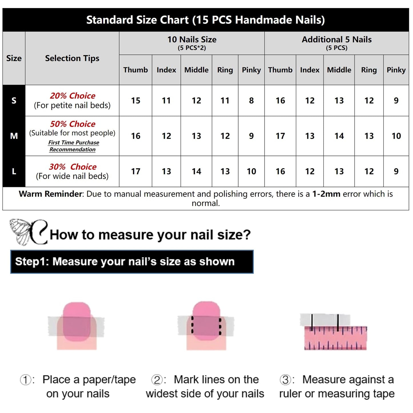 COOLYOUNG Handmade Short Almond Press On Nails – 15 PCS, 3 Sizes, French Tip with Rhinestones