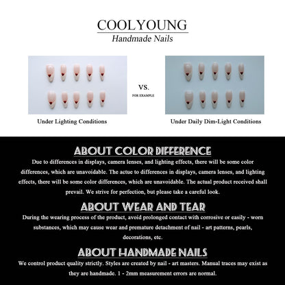 COOLYOUNG Handmade Short Almond Press On Nails – 15 PCS, 3 Sizes, French Tip with Rhinestones