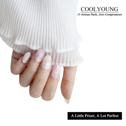 COOLYOUNG Handmade Short Almond Press On Nails – 15 PCS, 3 Sizes, French Tip with Rhinestones