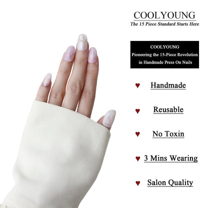 COOLYOUNG Handmade Short Almond Press On Nails – 15 PCS, 3 Sizes, French Tip with Rhinestones