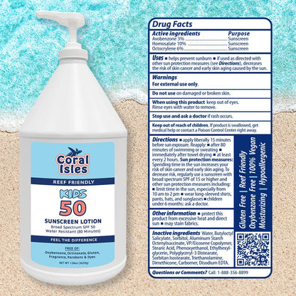 Coral Isles SPF 50 Kids Lotion by Rocky Mountain Sunscreen | Reef-Safe, Broad Spectrum UVA/UVB | Water Resistant 80 Min | 128 oz