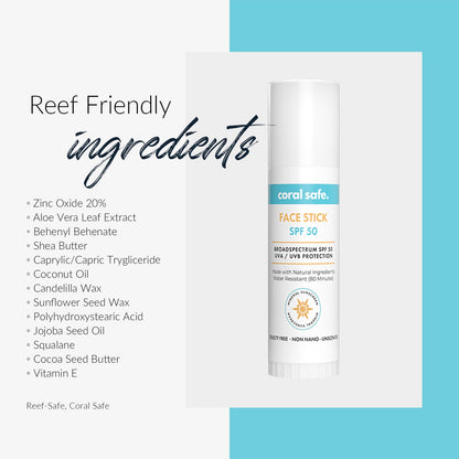 Coral Safe Reef Safe Sunscreen SPF 50 Facestick – Mineral, Biodegradable, 80-Min Water Resistant, USA Made