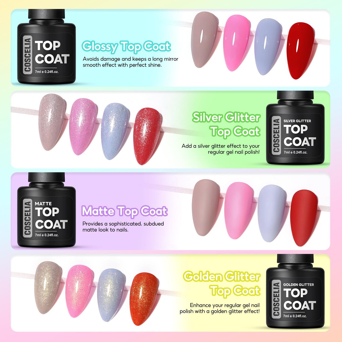 COSCELIA 60-Piece Gel Nail Polish Kit with UV Light — 55 Shades, 5 Top/Base Coats, Rhinestones