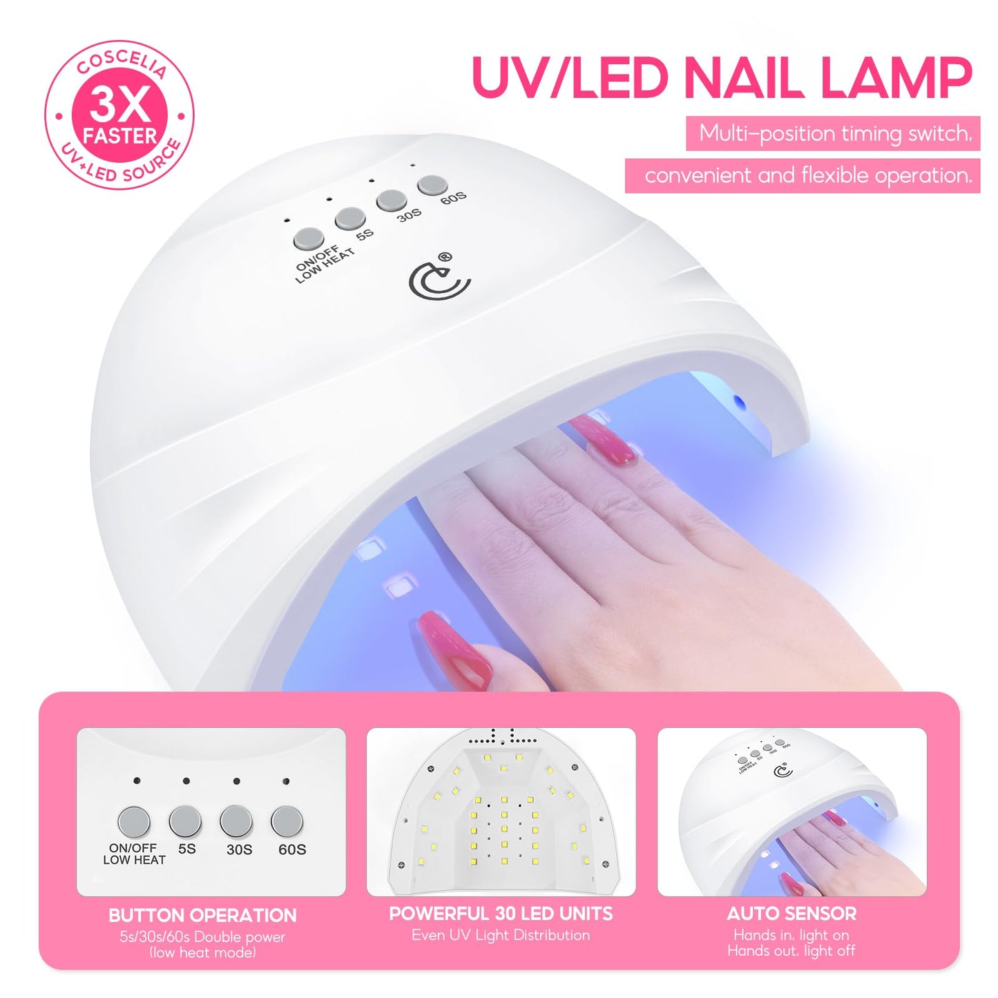 COSCELIA 60-Piece Gel Nail Polish Kit with UV Light — 55 Shades, 5 Top/Base Coats, Rhinestones